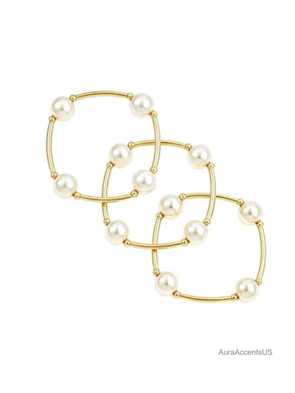 Gold Elastic Bead Bracelet Set of 3 Stackable Faux Pearl Bangle